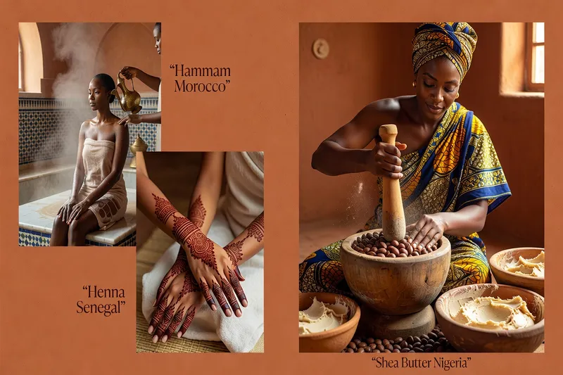 Rituels de beauté africains traditionnels — hammam marocain, henné sénégalais, karité nigérian