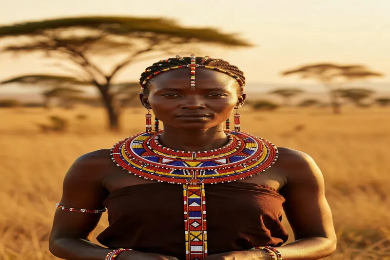 Femme kenyane portant les bijoux de beauté traditionnels Maasaï — portrait au coucher du soleil en savane