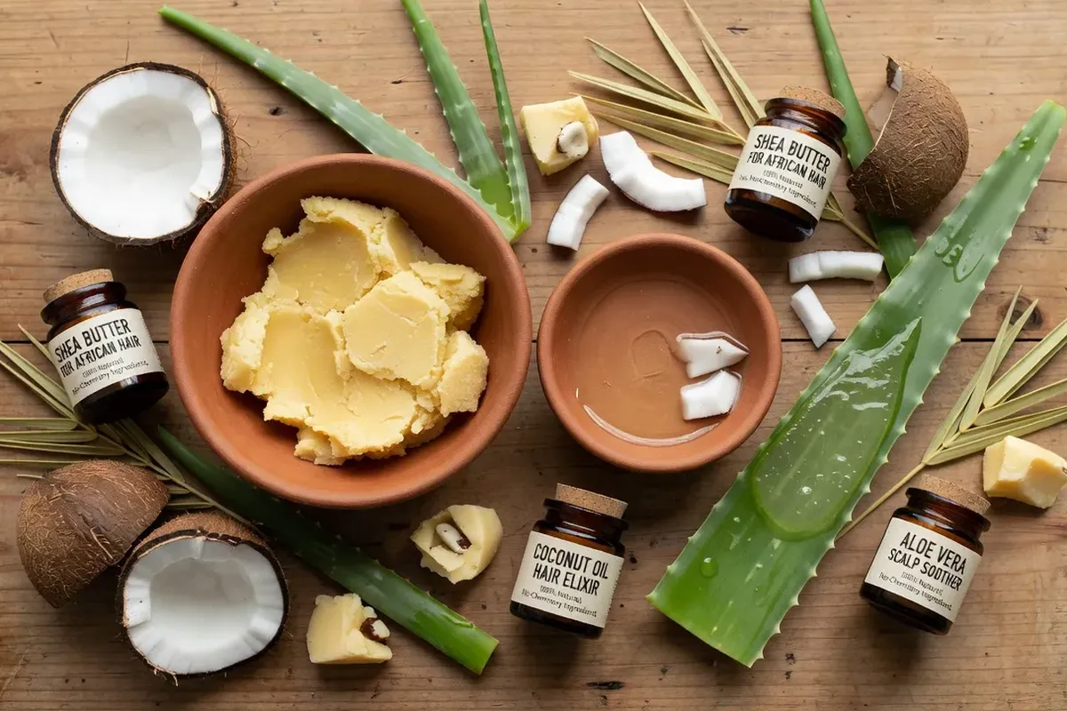 Produits de soin naturels pour cheveux afro — karité, coco, aloe vera