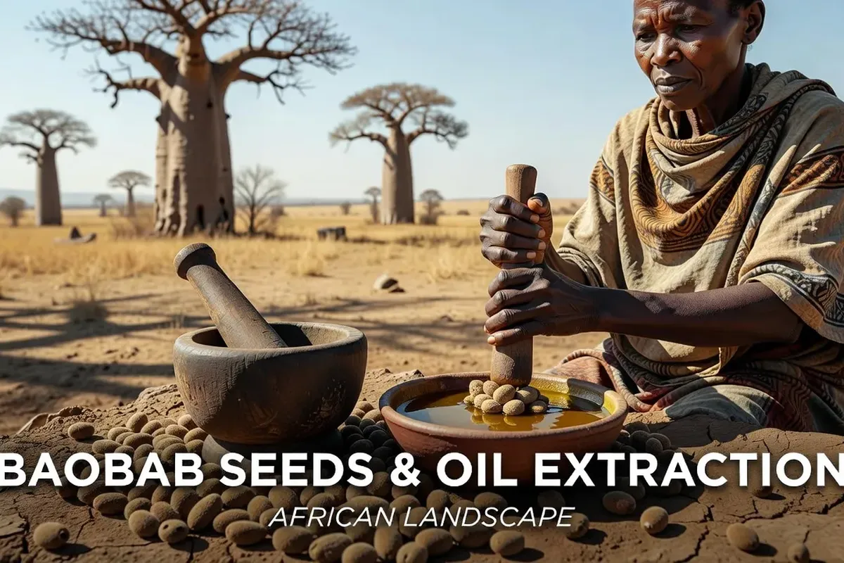 Graines de baobab et extraction d'huile — paysage africain