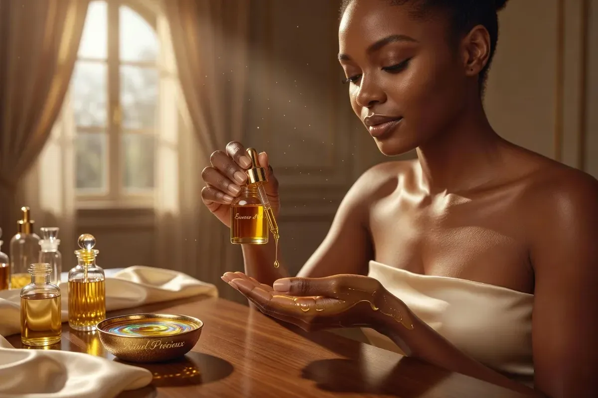 Femme africaine avec peau lumineuse après soin à l'huile précieuse
