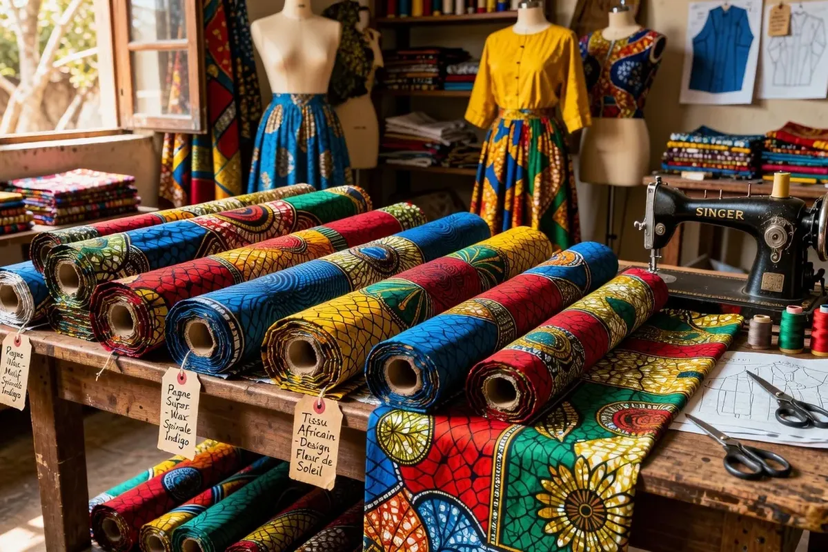 Rouleaux de tissu wax africain en couleurs vives dans l'atelier Fatou D. Studio