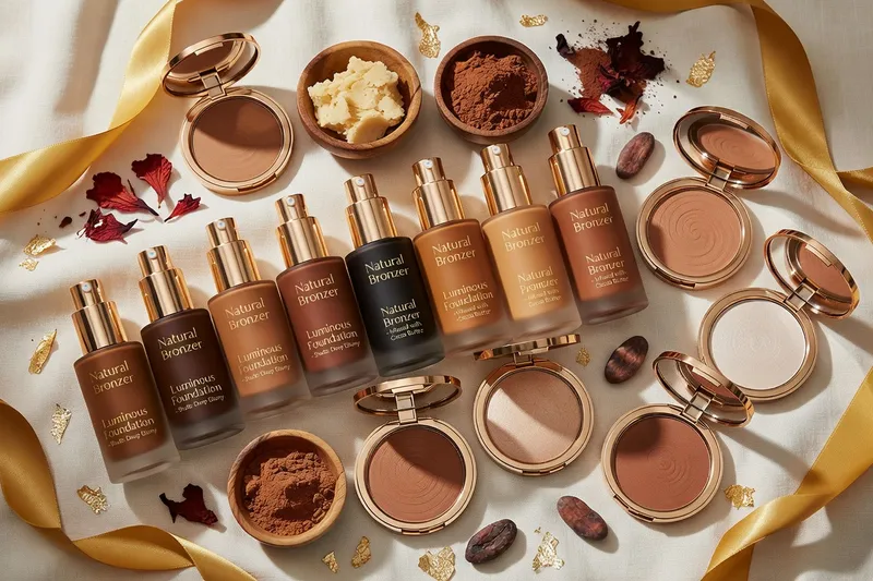 Produits de maquillage naturel pour femmes africaines — fonds de teint, palettes et pinceaux