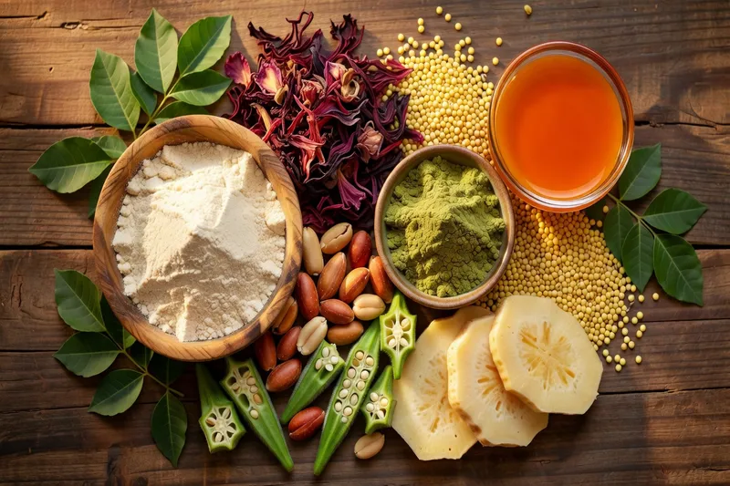 Aliments africains beauté sur table : baobab, moringa, bissap, igname, millet — nutrition et peau noire