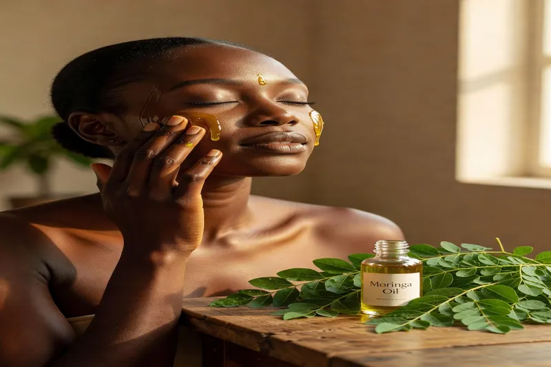 Femme africaine appliquant de l'huile de moringa sur le visage