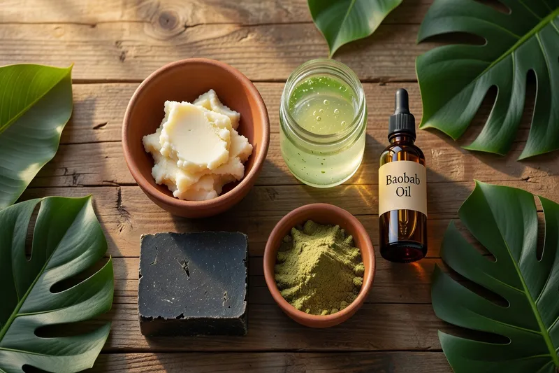 Produits beauté africains naturels pour la routine du matin — beurre de karité, aloe vera, huiles précieuses