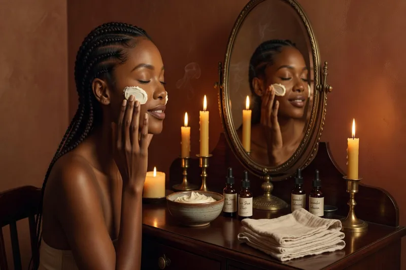 Femme africaine pratiquant sa routine beauté du soir avec masque naturel — rituel beauté africaine nocturne