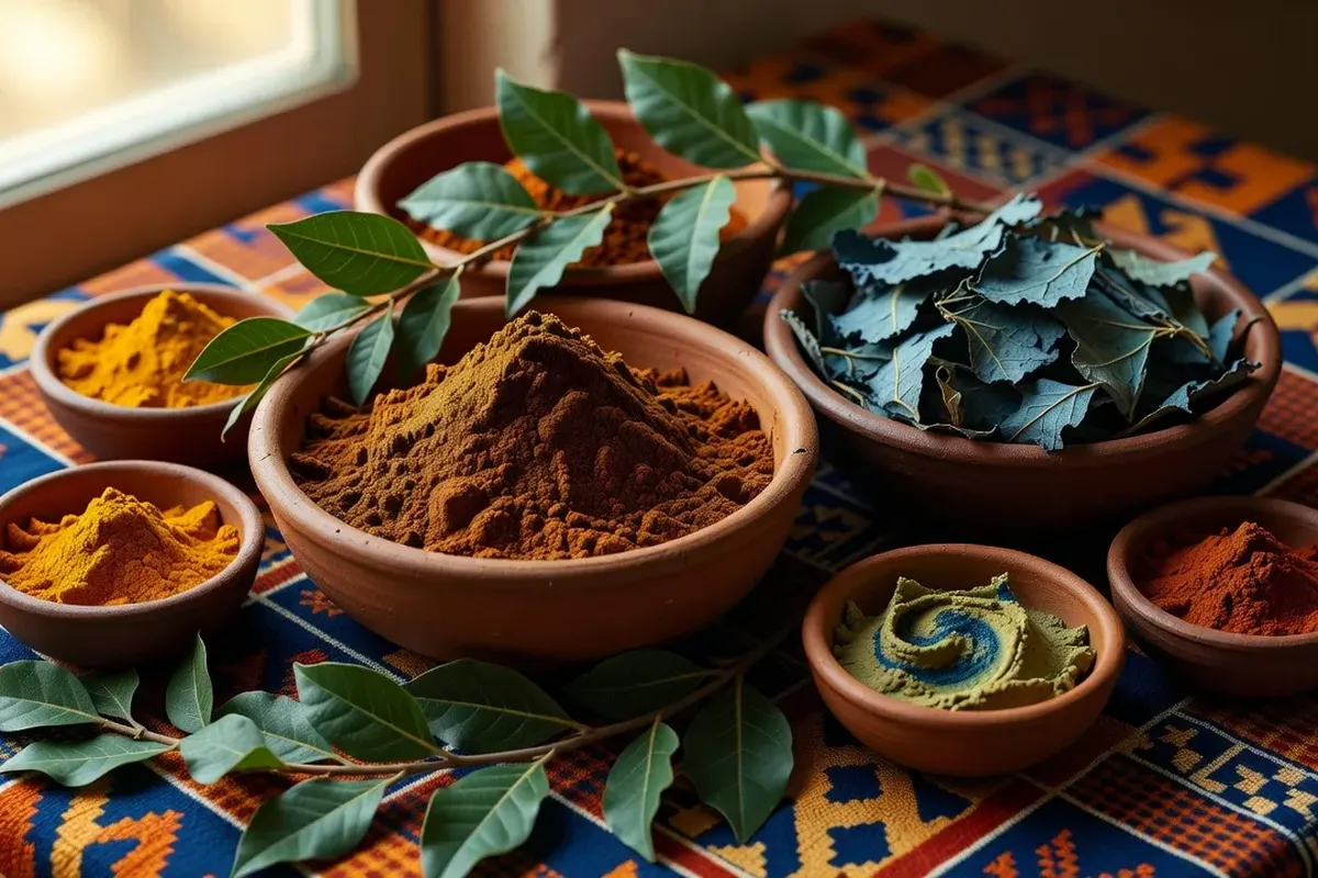 Poudre de henné et feuilles d'indigo dans des bols en terre cuite — teintures naturelles africaines