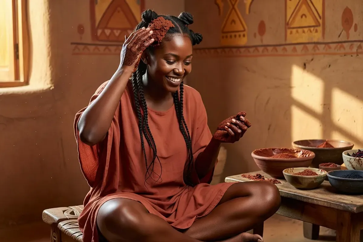 Femme africaine appliquant une teinture au henné naturel sur ses cheveux — geste ancestral africain