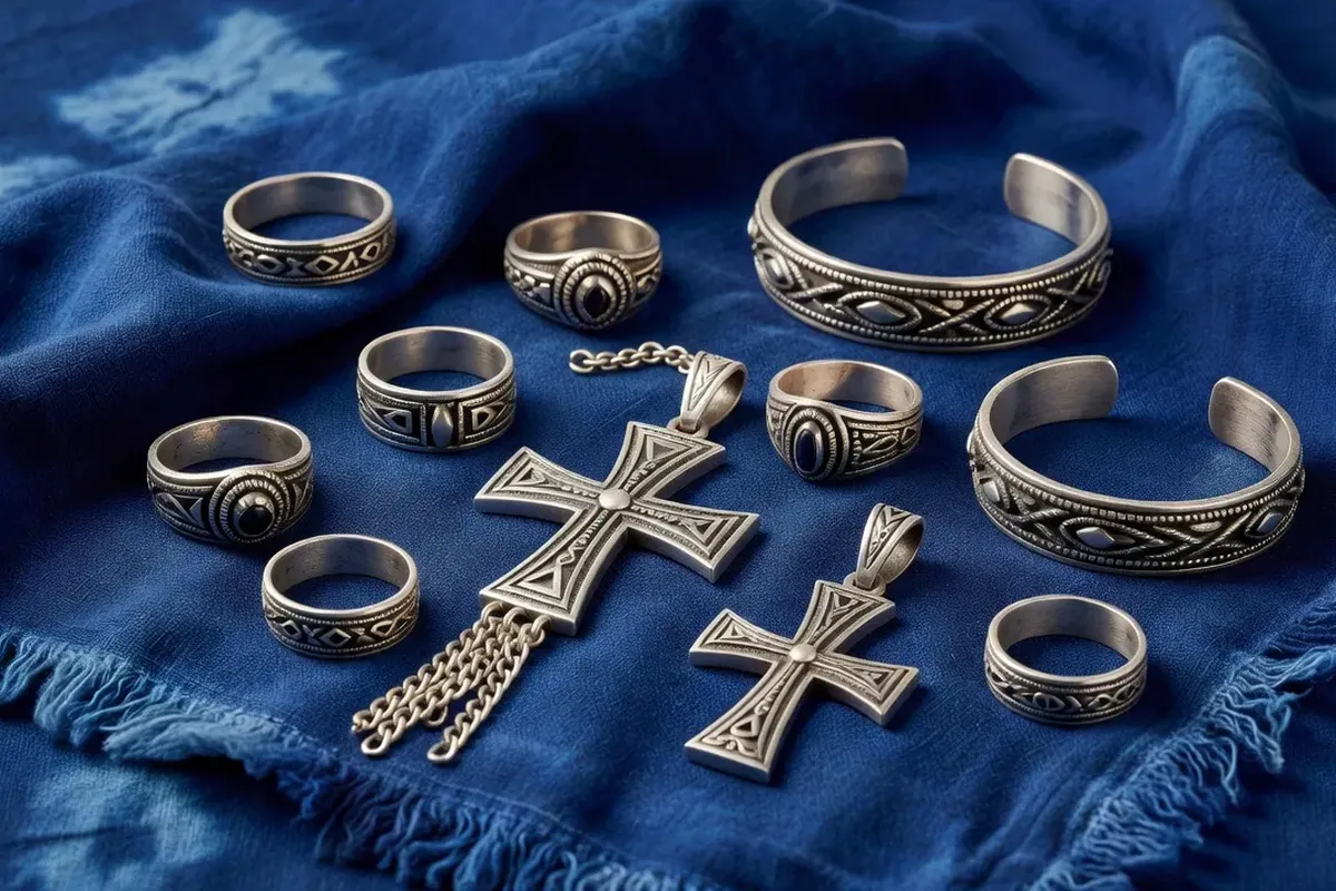 Collection de bijoux Tuareg en argent sur tissu indigo