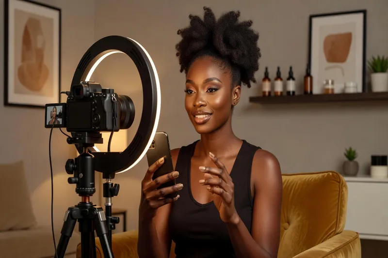 Influenceuse beauté africaine créant du contenu — ring light, caméra, cheveux naturels