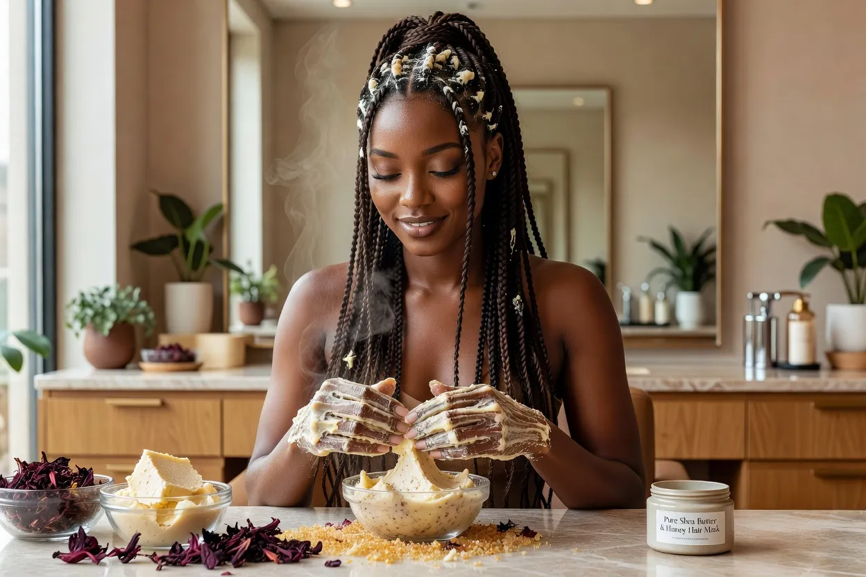 Femme africaine appliquant un masque capillaire naturel au beurre de karité pendant sa transition