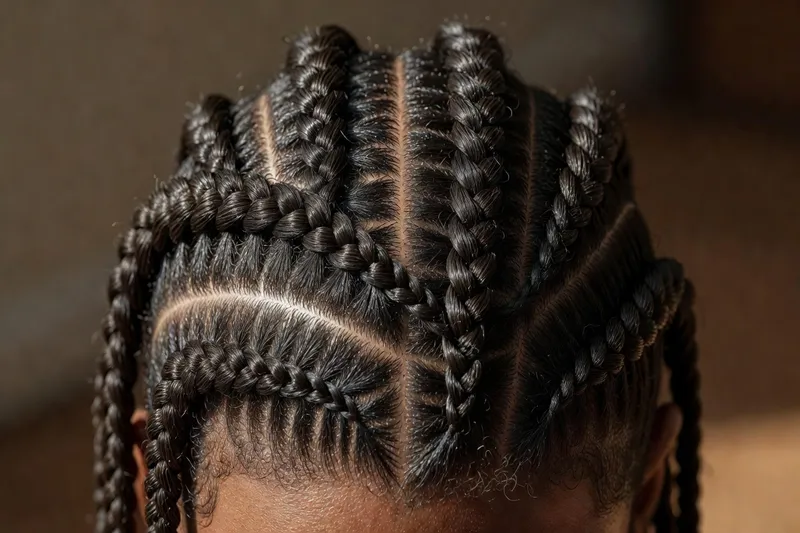 Gros plan sur des tresses africaines soigneusement réalisées — travail de coiffeuse professionnelle