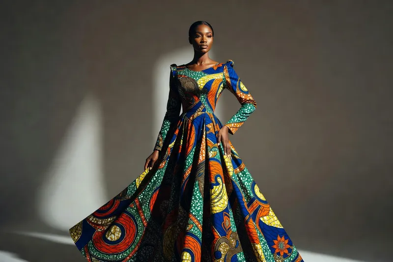 Création de mode africaine contemporaine — robe en tissu wax haute couture