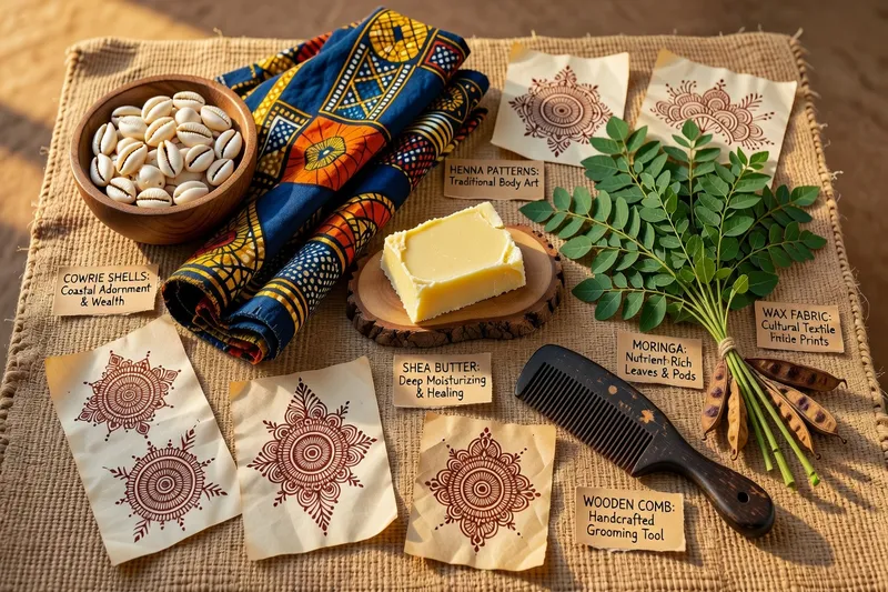 Ingrédients naturels africains et outils de beauté — vocabulaire beauté africaine illustré
