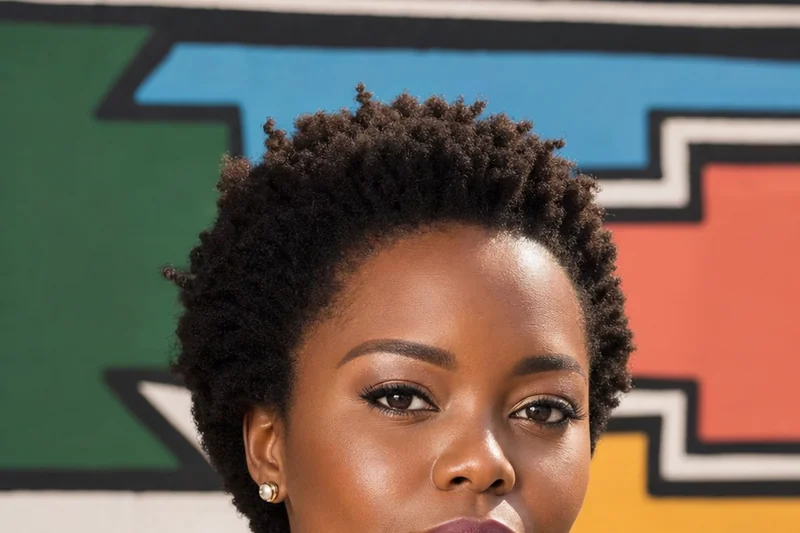 Portrait IA générique d'une femme fictive aux cheveux afro courts, blouse blanche et collier ndebele multicolore devant un mur peint
