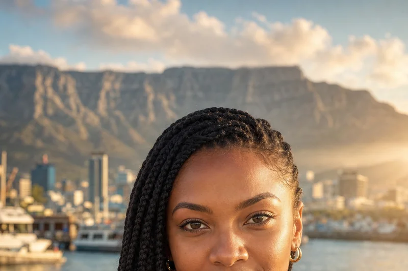 Portrait IA générique d'une femme fictive aux longues box braids, robe shweshwe bleue et Table Mountain floutée au bord de l'eau