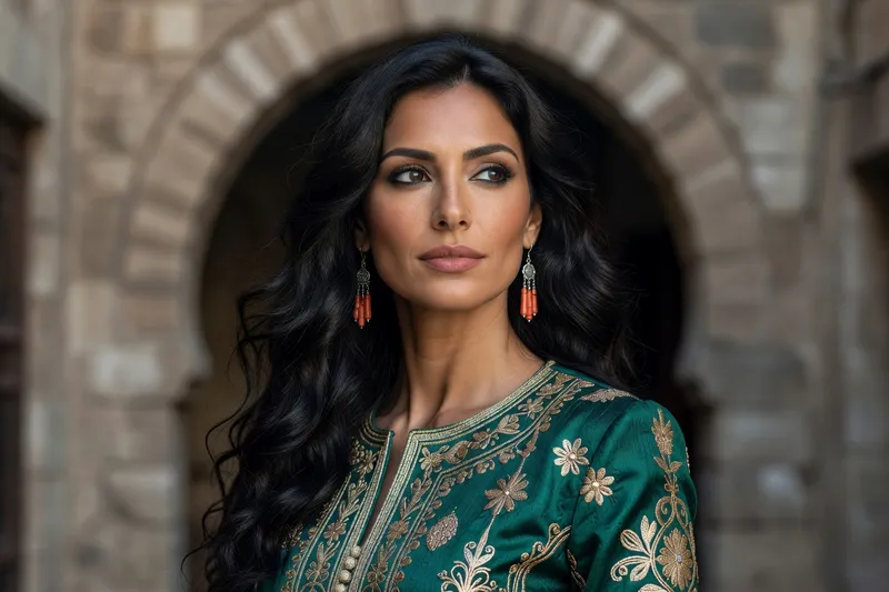Portrait IA générique d'une femme fictive aux longs cheveux noirs, veste verte brodée et bijoux corail devant une arche de Casbah