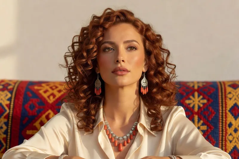 Portrait IA générique d'une femme fictive aux boucles auburn, blouse crème et bijoux kabyles devant un textile berbère coloré