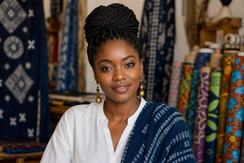 Portrait IA generique d'une femme fictive avec chignon tresse, blouse blanche et chale ndop indigo dans un atelier textile