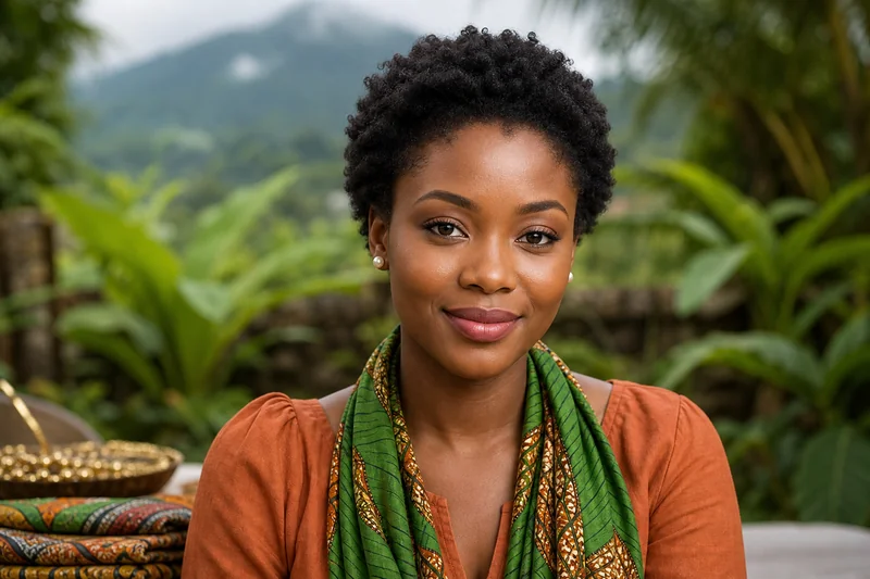Portrait IA generique d'une femme fictive aux cheveux naturels courts, blouse terracotta et foulard wax vert devant le mont Cameroun floute