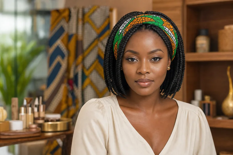 Portrait IA generique d'une femme fictive avec carre tresse, blouse creme et bandeau wax vert orange dans un atelier beaute