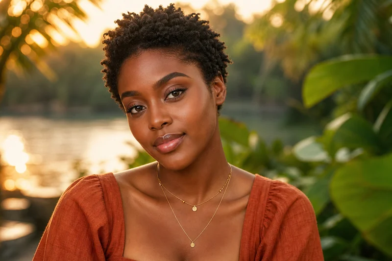 Portrait IA generique d'une femme fictive aux cheveux naturels courts, robe orange rouille et reflets de lagune Ebrie