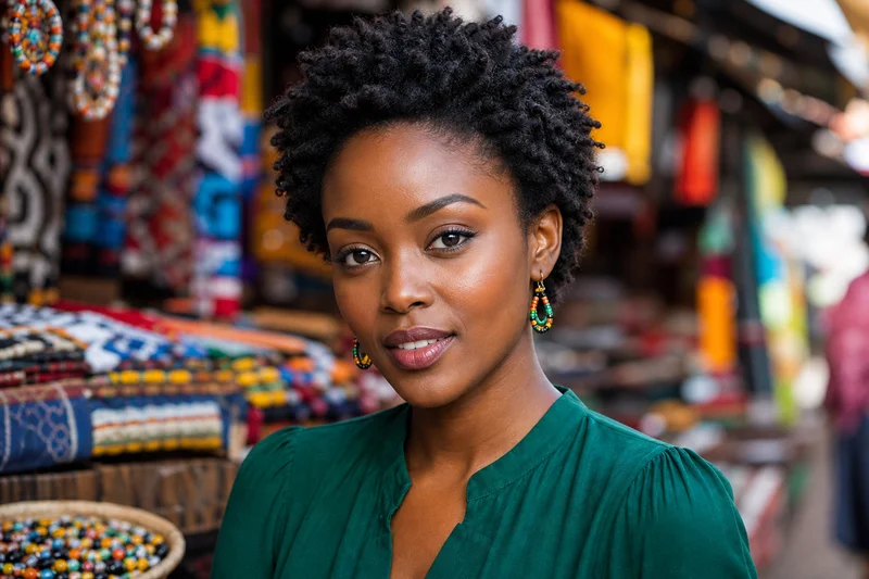 Portrait IA generique d'une femme fictive aux cheveux naturels courts, blouse verte et boucles perlees dans un marche de Nairobi