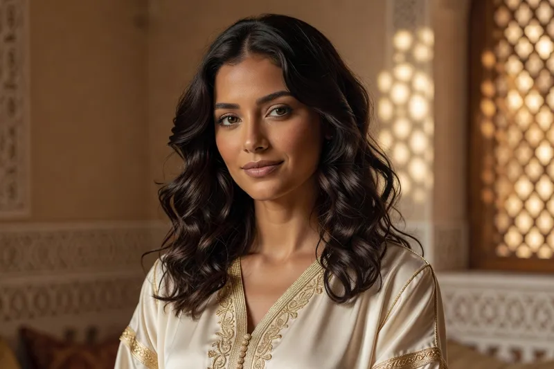 Portrait IA générique d'une femme fictive aux cheveux ondulés et caftan crème dans une lumière de riad