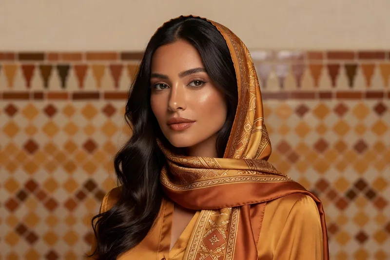 Portrait IA générique d'une femme fictive avec foulard doré devant un mur de zellige marocain