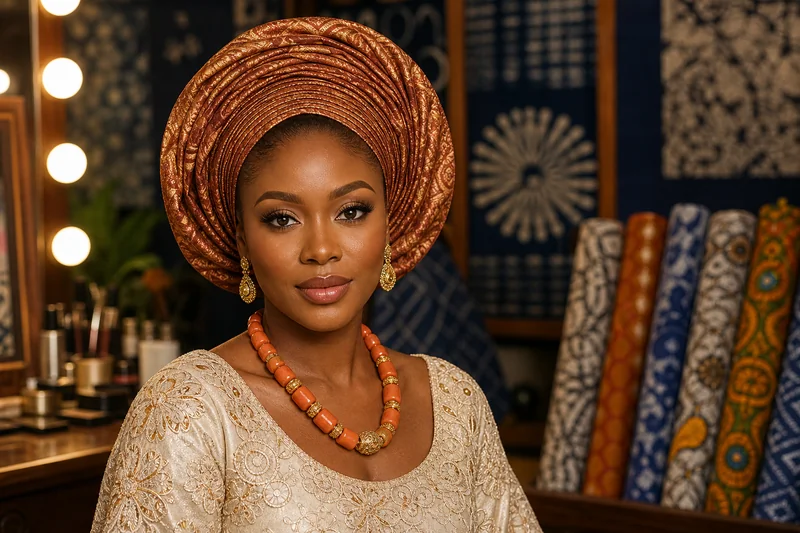 Portrait IA generique d'une femme fictive avec gele cuivre, blouse ivoire et atelier textile de Lagos