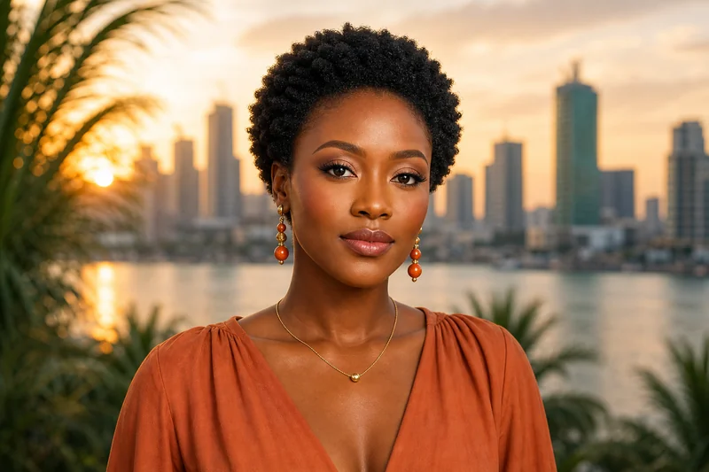 Portrait IA generique d'une femme fictive aux cheveux afro courts, blouse terracotta et skyline de Lagos au couchant