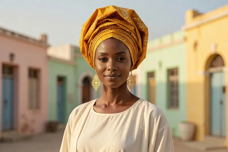 Portrait IA générique d'une femme fictive au foulard wax safran, boubou ivoire et bijoux d'or devant des façades pastel de Gorée