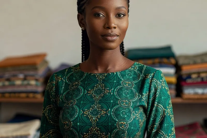Portrait IA générique d'une femme fictive aux tresses collées, robe wax verte et décor d'atelier textile à Dakar