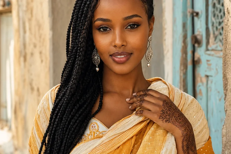 Portrait IA generique d'une femme fictive aux longues tresses noires, guntiino safran et porte bleue usee en arriere-plan