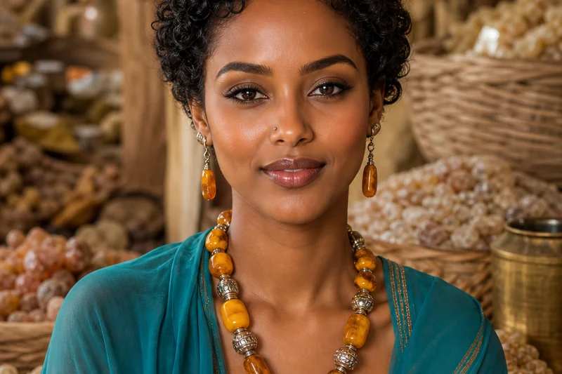 Portrait IA generique d'une femme fictive aux boucles courtes, robe teal et collier d'ambre dans un marche d'encens