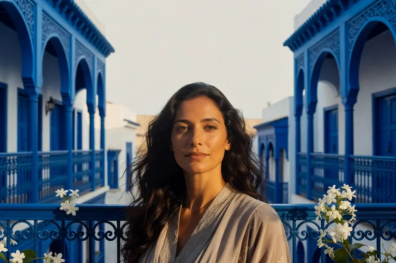 Portrait IA générique d'une femme fictive aux longs cheveux noirs devant une architecture bleue et blanche de Sidi Bou Saïd