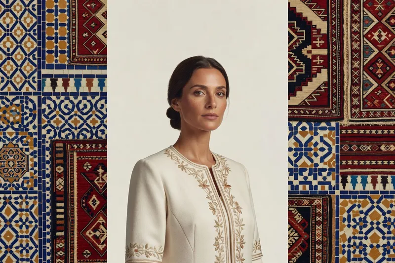 Portrait IA générique d'une femme fictive en veste crème brodée devant mosaïques et textiles tunisiens