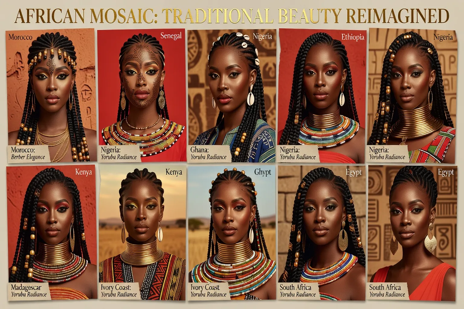 Mosaïque de femmes africaines de 10 pays différents — beauté africaine diverse et rayonnante