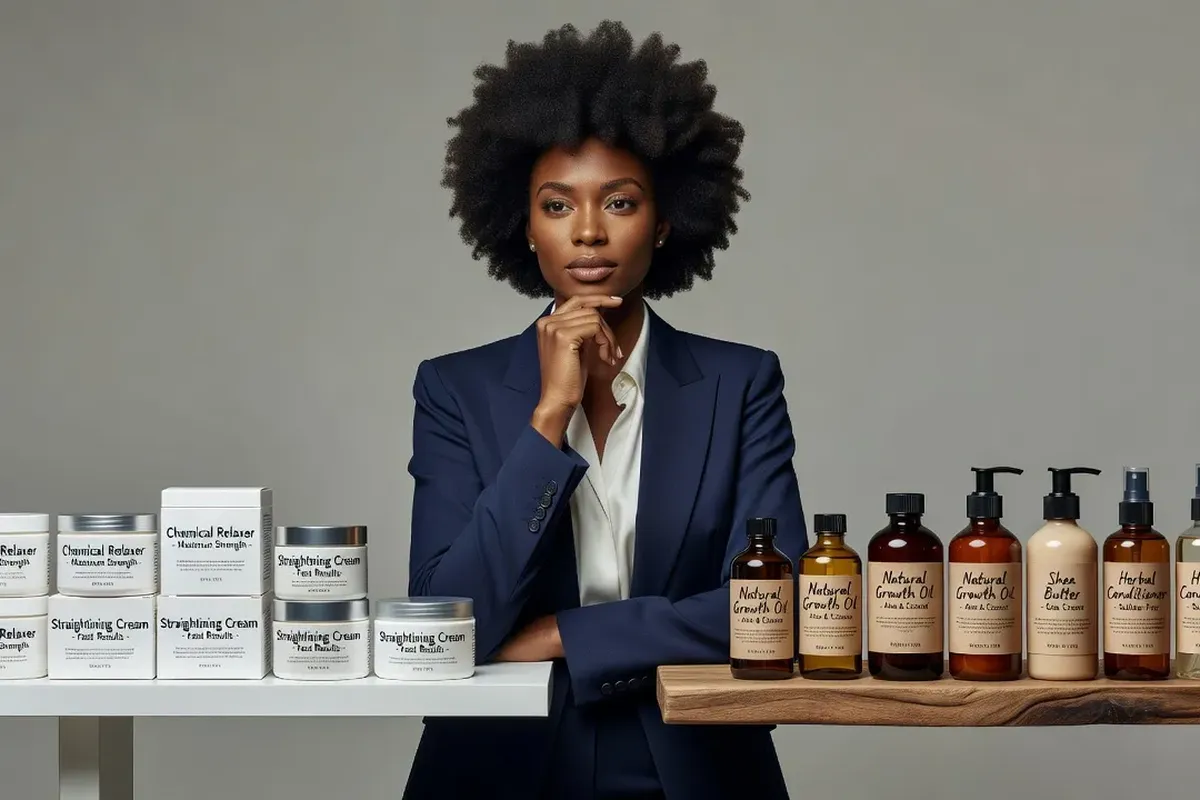 Comparaison produits défrisants chimiques et soins naturels pour cheveux afro