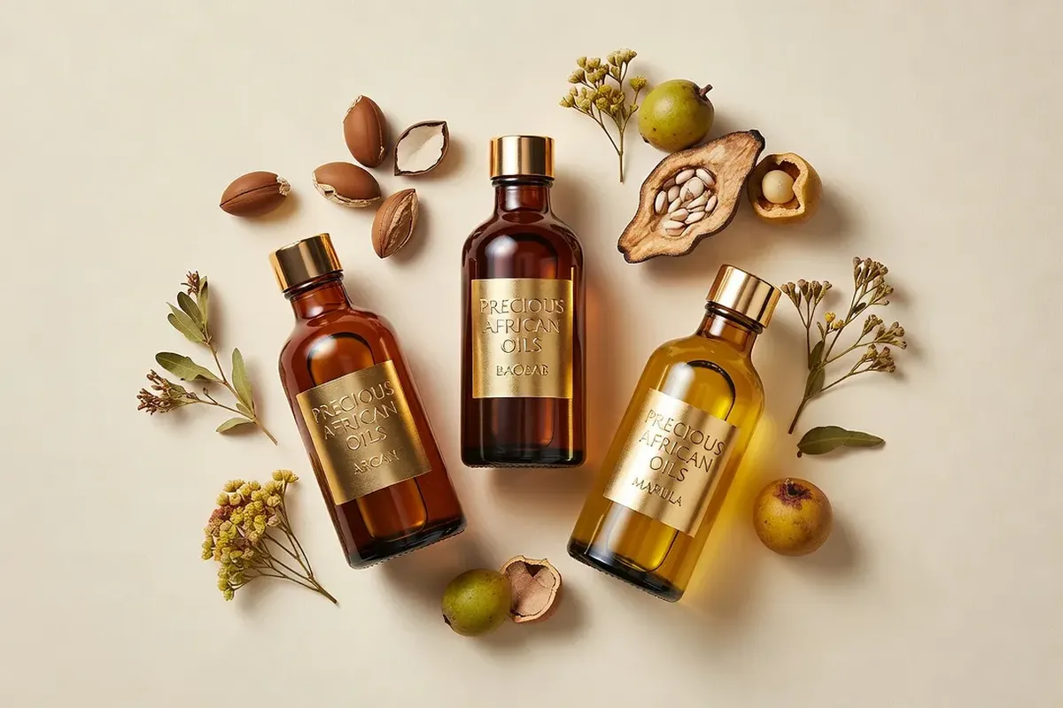 Huiles précieuses africaines — argan, baobab, marula dans des flacons élégants