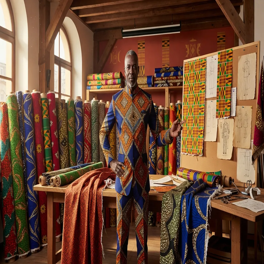 Styliste de mode africaine entourée de tissu wax coloré