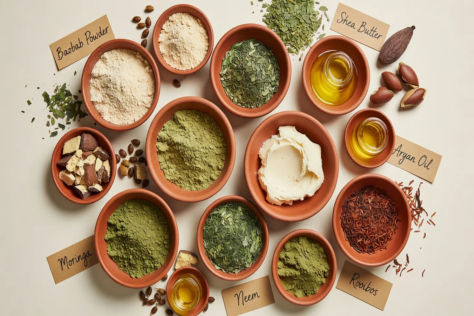 Flat lay d'ingrédients cosmétiques africains naturels — baobab, moringa, neem, karité, argan, rooibos