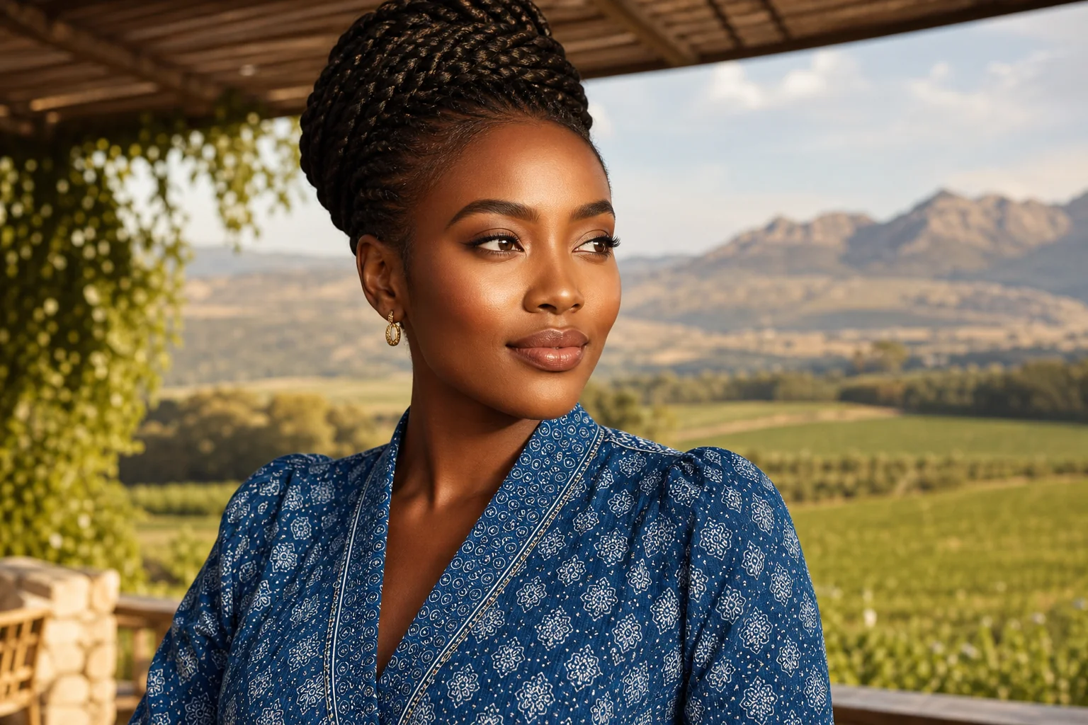 Portrait éditorial généré par IA d'une femme sud-africaine fictive en robe shweshwe bleue devant les vignobles du Cap, ne représente pas une personne réelle