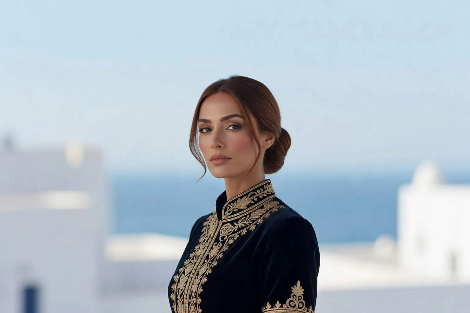Portrait éditorial généré par IA d'une femme algérienne fictive en karakou noir brodé devant la côte d'Alger, ne représente pas une personne réelle
