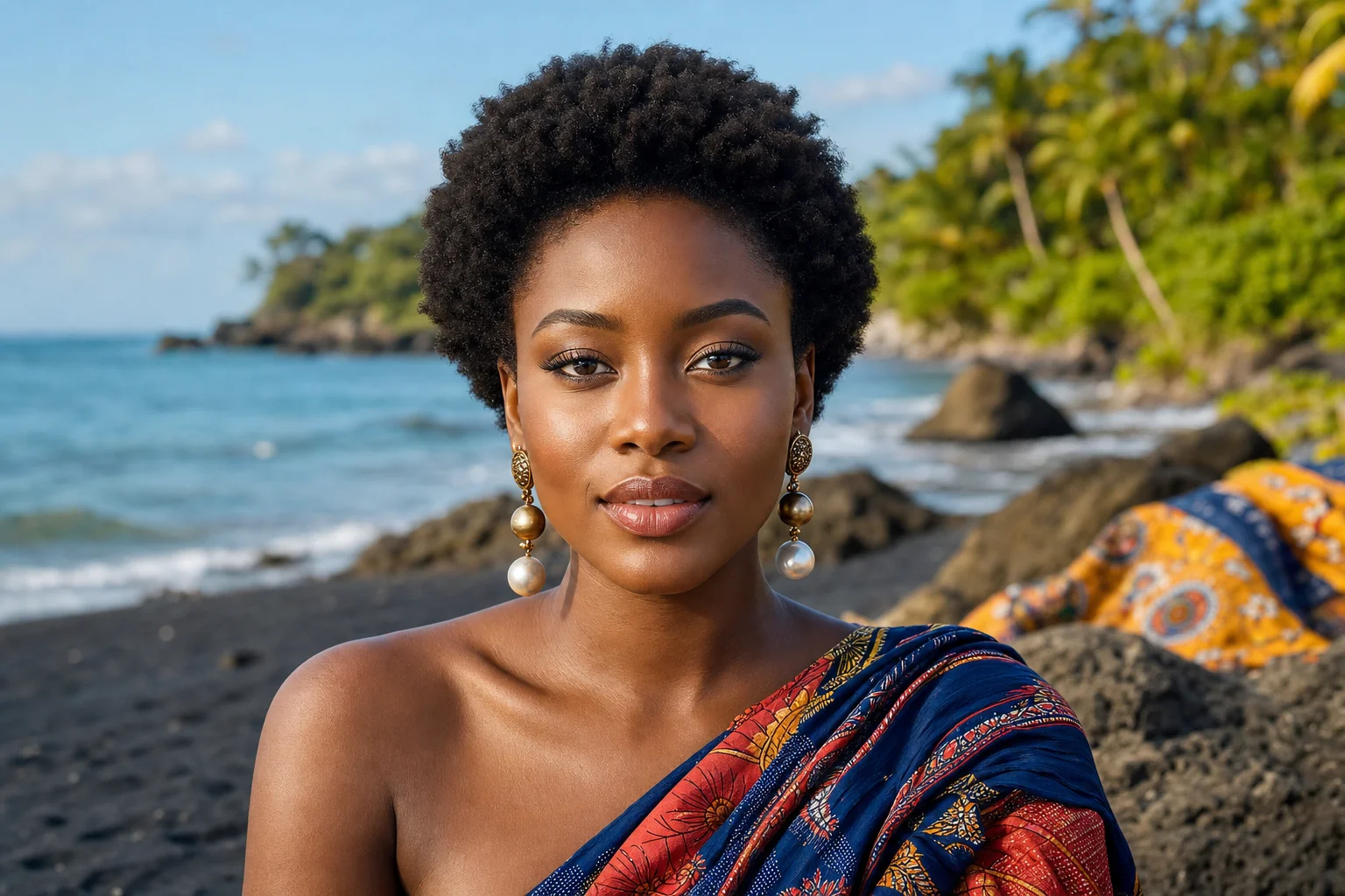 Portrait editorial genere par IA d'une femme camerounaise fictive aux cheveux naturels courts devant le littoral de Limbe, ne represente pas une personne reelle