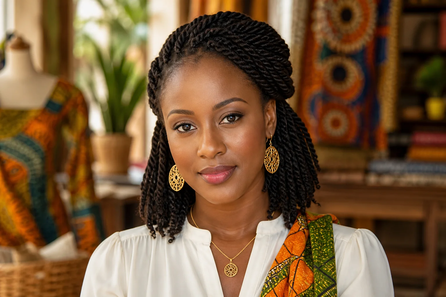 Portrait editorial genere par IA d'une femme ivoirienne fictive aux tresses et bijoux d'or dans un atelier beaute d'Abidjan, ne represente pas une personne reelle