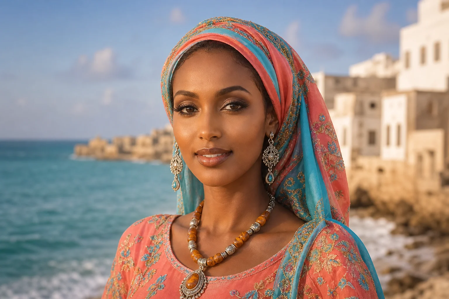 Portrait editorial genere par IA d'une femme somalienne fictive avec voile corail et turquoise devant la cote de Mogadiscio, ne represente pas une personne reelle