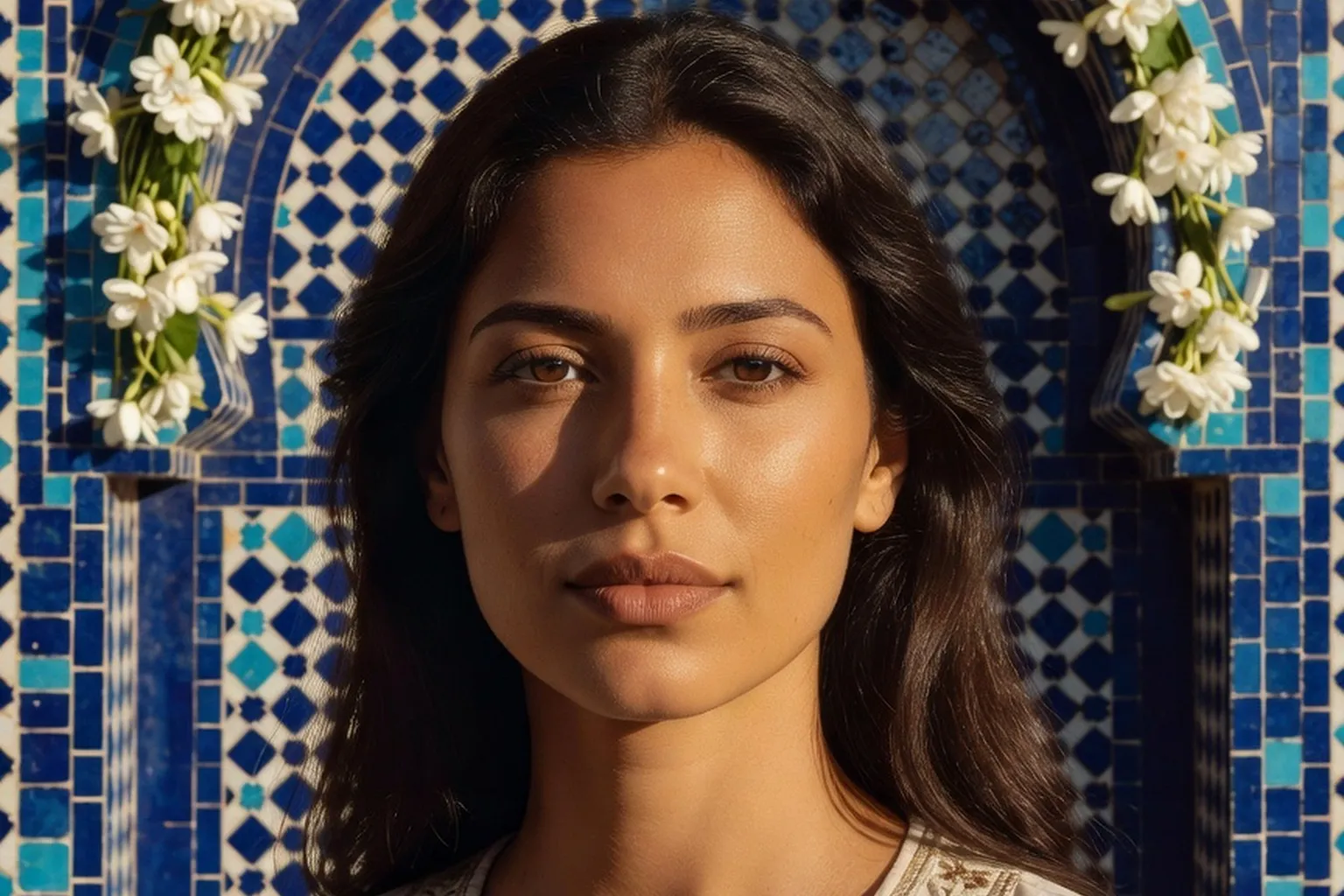 Portrait éditorial généré par IA d'une femme tunisienne fictive devant une mosaïque bleue et du jasmin, ne représente pas une personne réelle