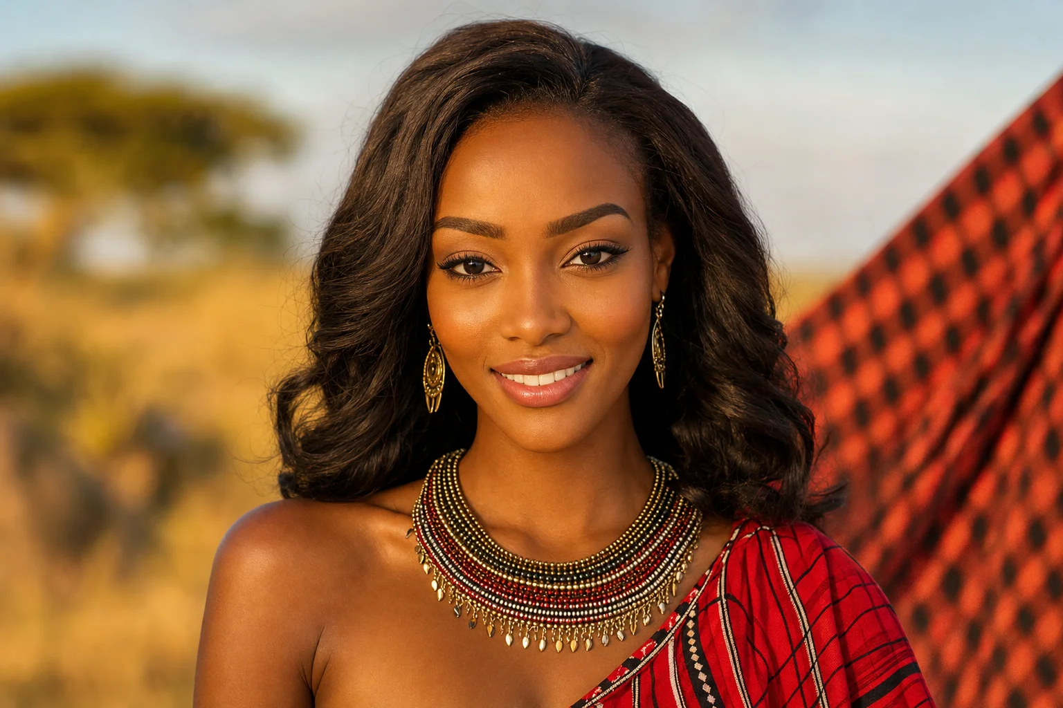 Portrait editorial genere par IA d'une femme kenyane fictive avec collier perle et shuka rouge devant une savane doree, ne represente pas une personne reelle